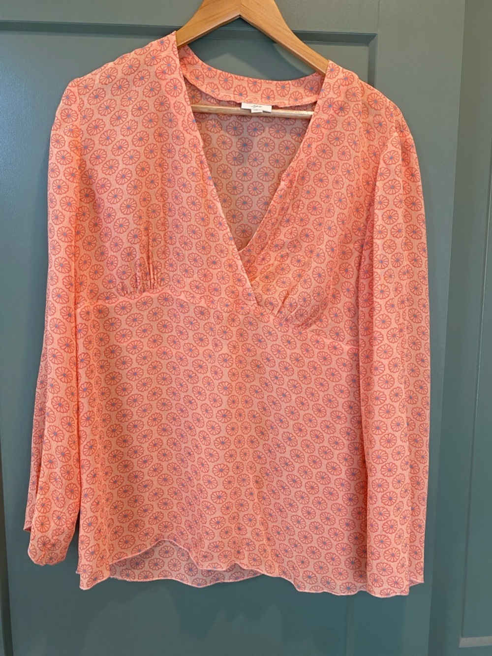 J. Jill Coral-Pink Printed V-Neck Long Sleeve Blouse